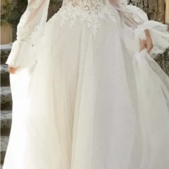 Off-Shoulder Lace Long Sleeve Bridal Gown - White